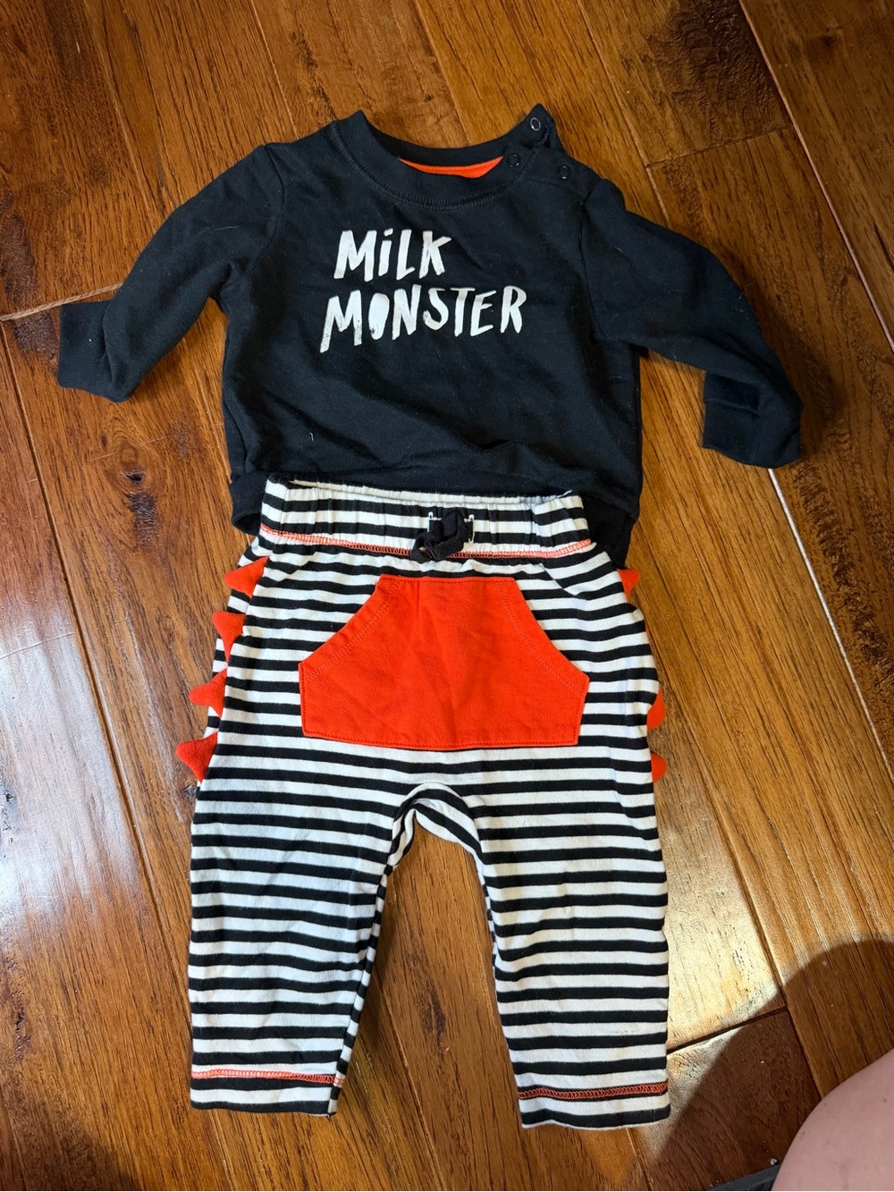 Kids Black 'Milk Monster' Top and Black-White Striped Pants with Orange Pocket